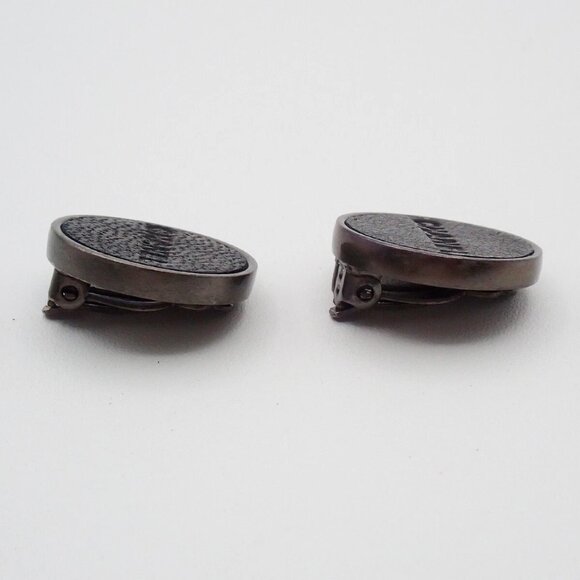 CHANEL Round Button Earrings 00A Clip-On Leather Silver Black Accessory 30RF - Picture 2 of 11